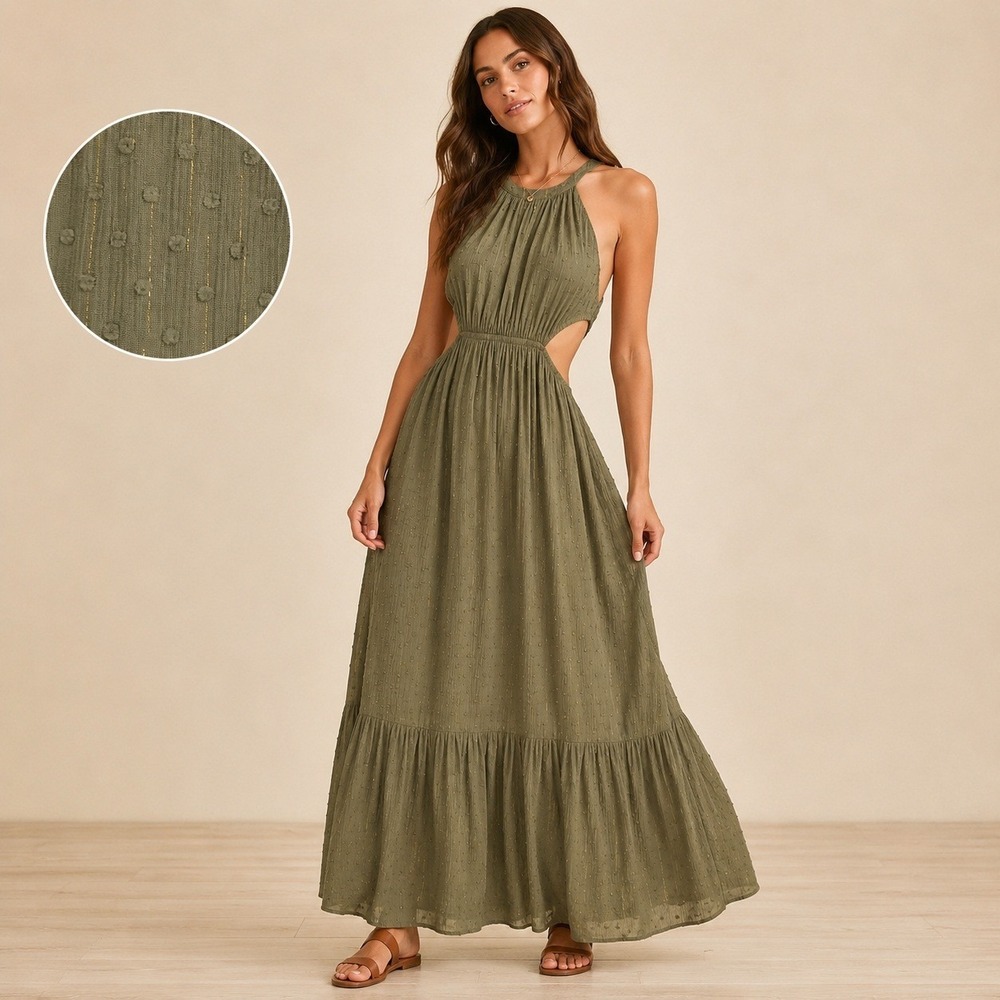 AQUA Olive Green Swiss Dot Halter Maxi Dress Side Cutout Boho Festival Prairie S